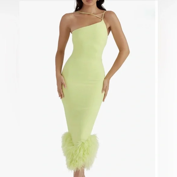 House of CB Alessia Asymmetric Feather Trim Midi Dress - Picture 1 of 5